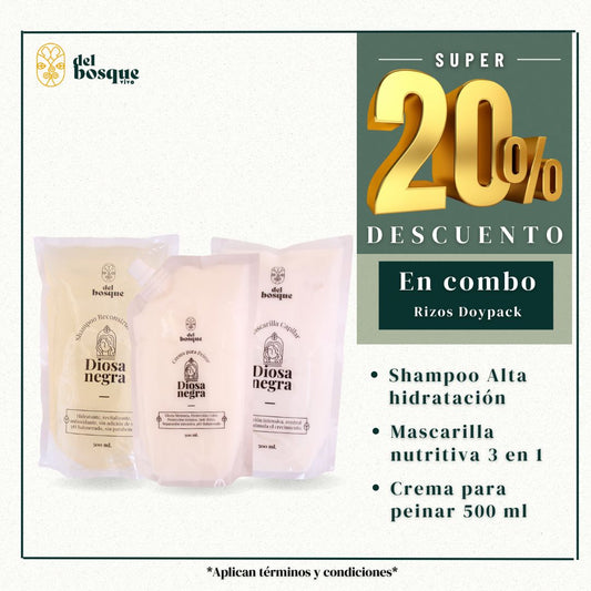 Refill Diosa Negra especializados en Rizos (shampoo+ Mascarilla+ crema para peinar)
